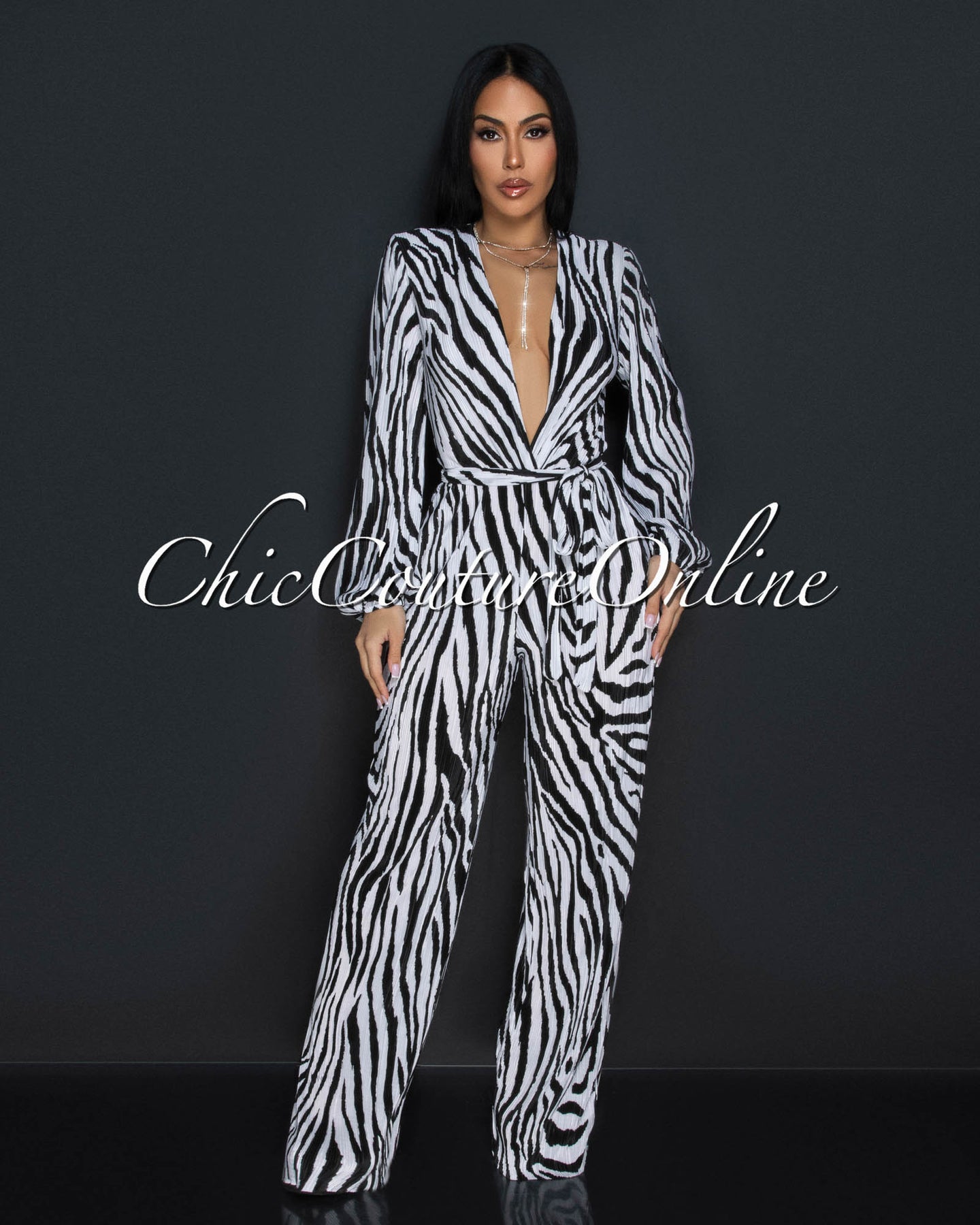 *Jalia Black White Zebra Print Deep V-Neck Jumpsuit