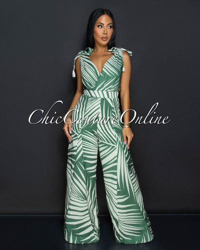 Sitti Green Beige V Neck Wide Legs Jumpsuit