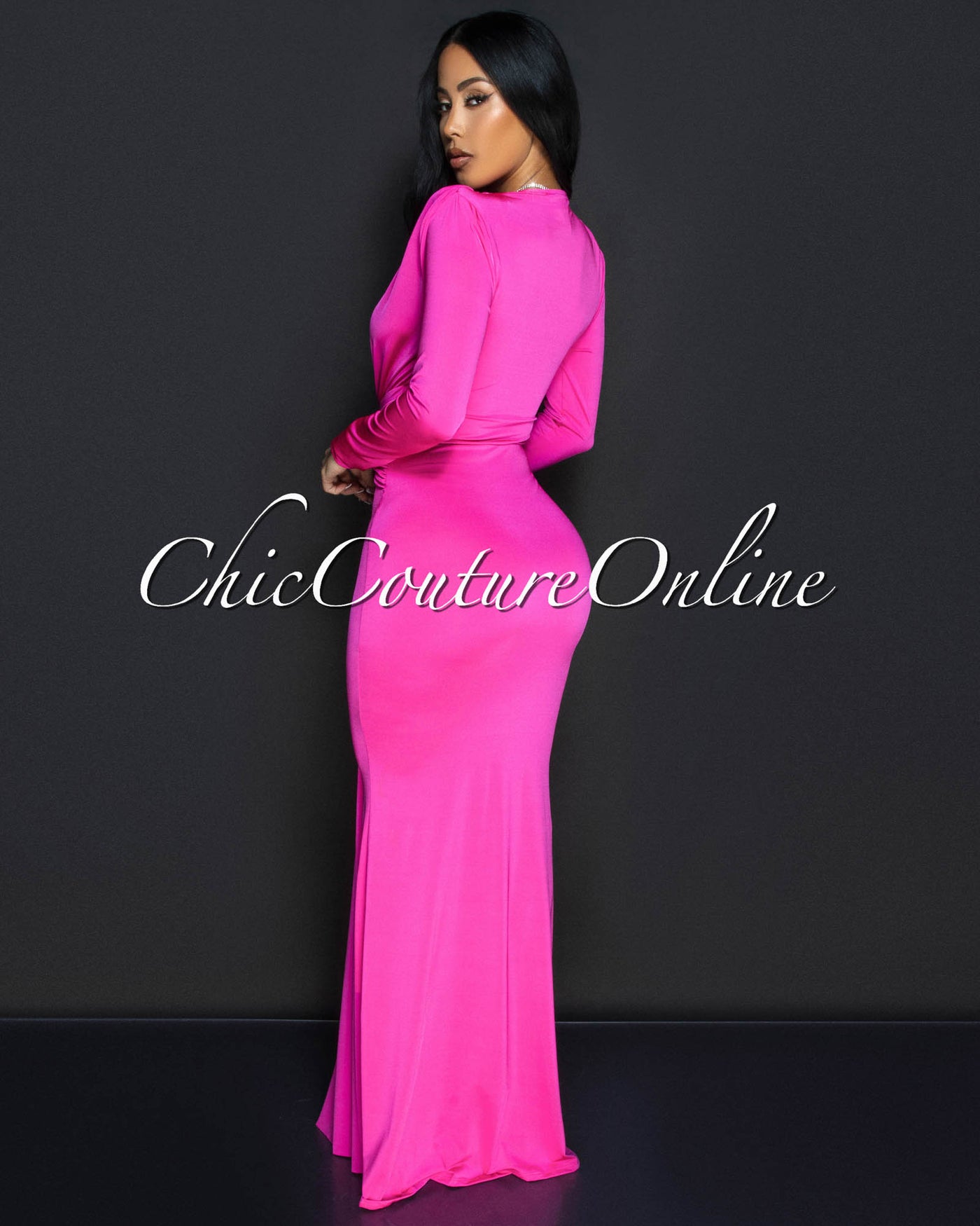 Cordelia Fuchsia Long Sleeves Deep V-Neck Maxi Dress