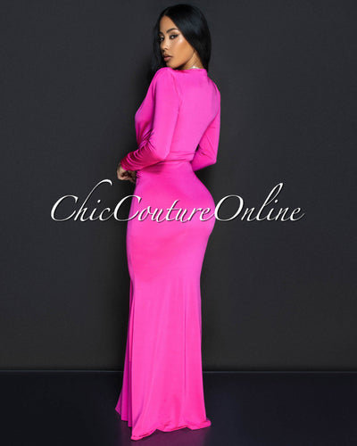 Cordelia Fuchsia Long Sleeves Deep V-Neck Maxi Dress