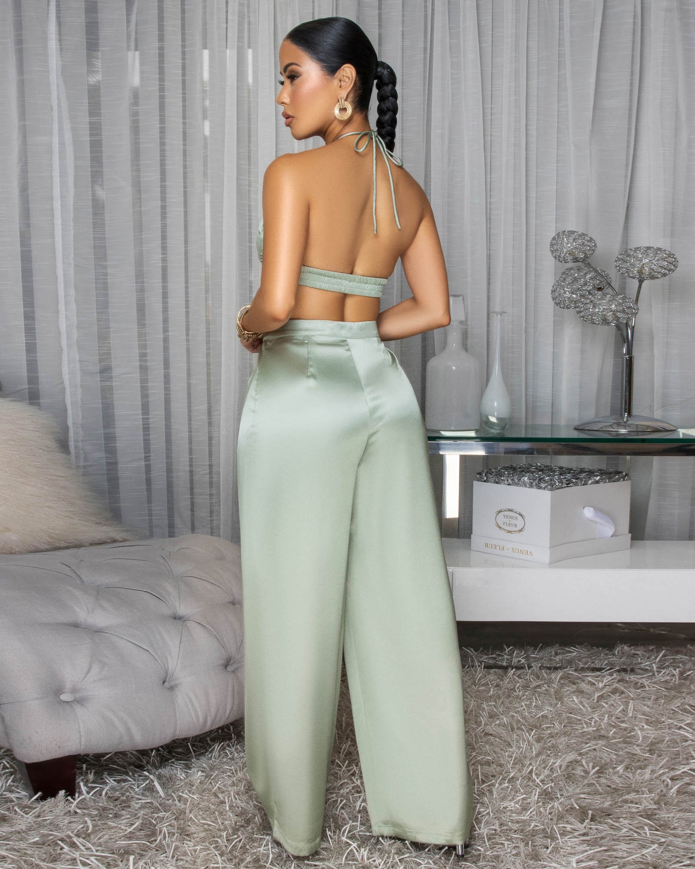 Kelda Sage Halter Silk Two Piece Pants Set