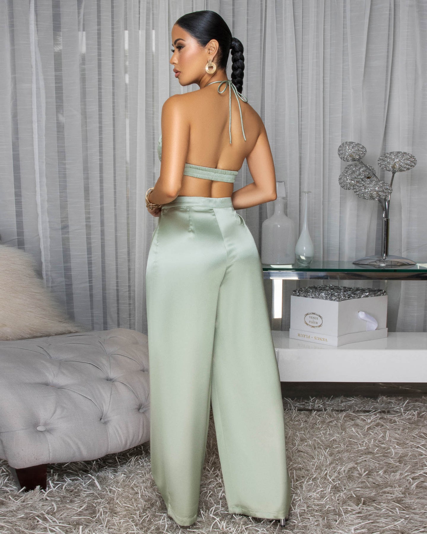 Kelda Sage Halter Silk Two Piece Pants Set