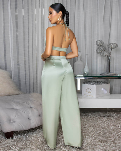 Kelda Sage Halter Silk Two Piece Pants Set