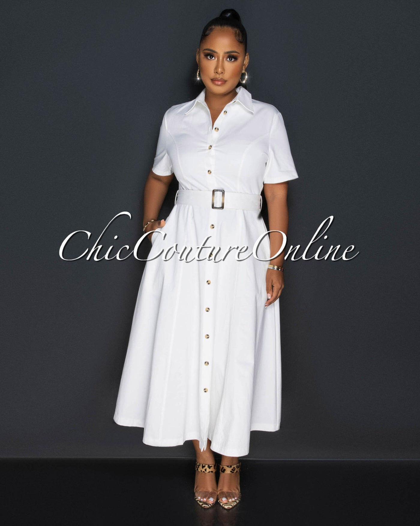 Surina Off-White Brown Accent Belt Maxi Dress
