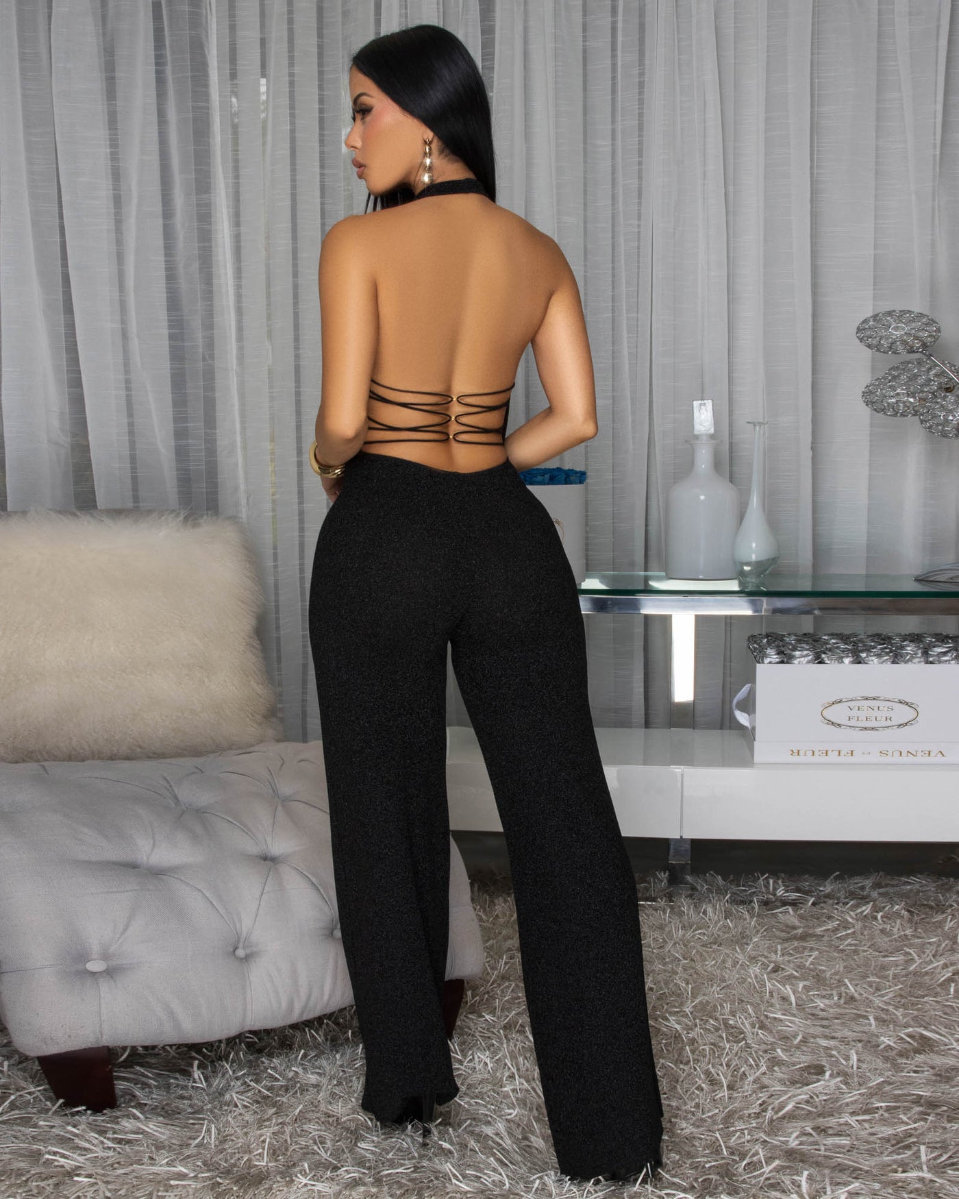Lena Black Shimmer Backless Jumpsuit