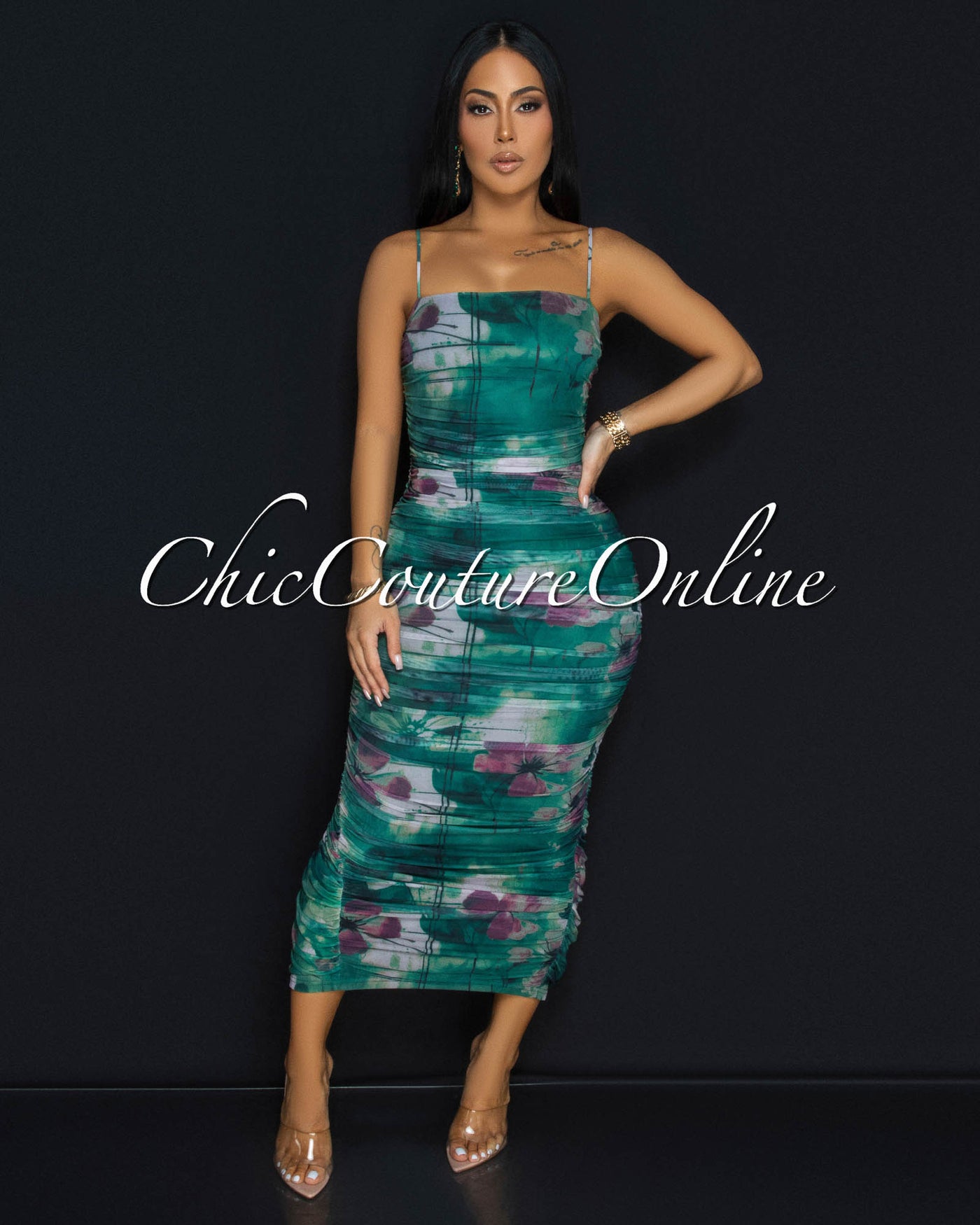 Skylar Green Multi-Color Print Ruched Midi Dress