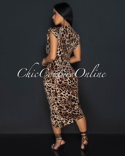 Hasina Leopard Deep V Neck Ruched Midi Dress