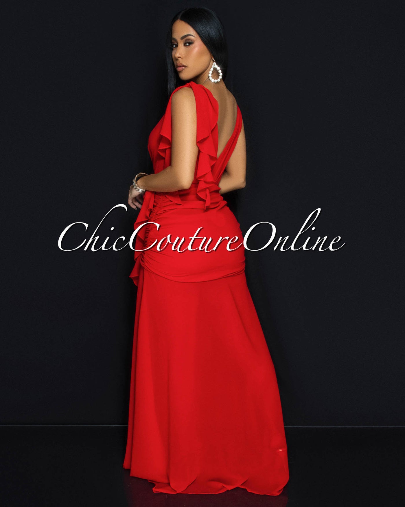 Abianka Red Ruffle Slit Maxi Dress