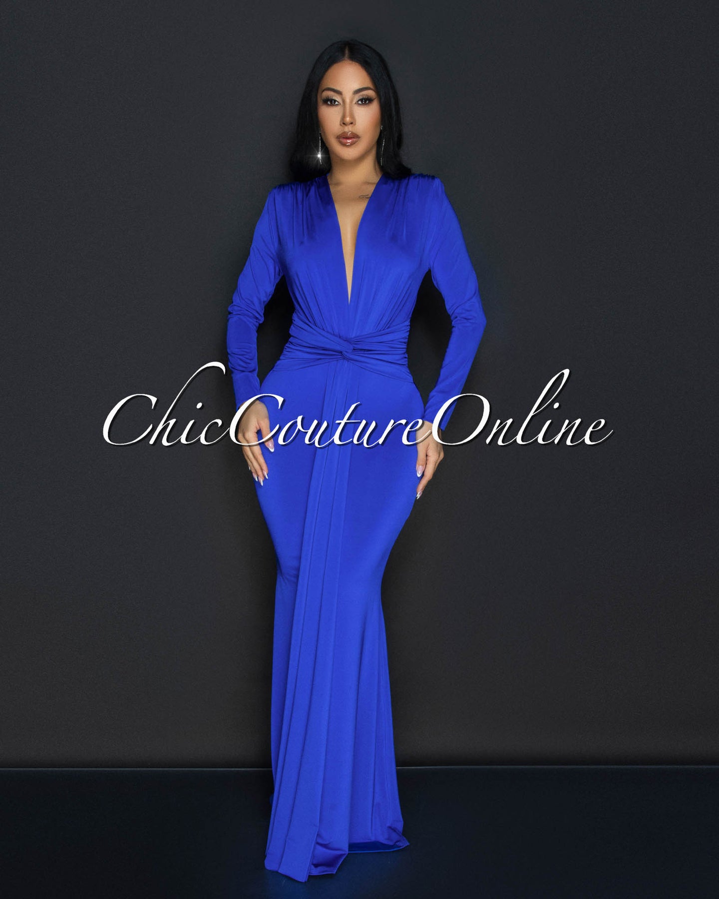 Cordelia Royal-Blue Long Sleeves Deep V-Neck Maxi Dress