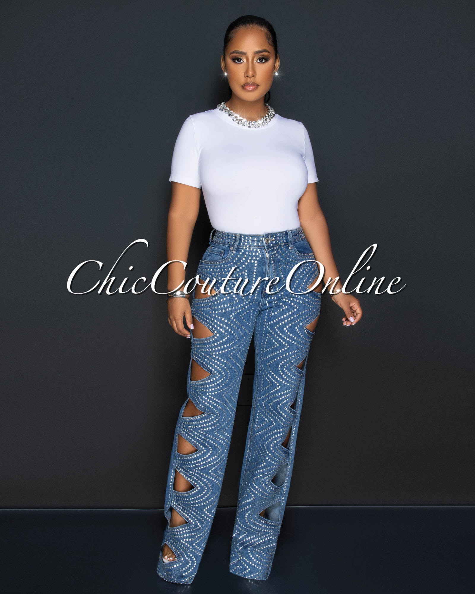*Ketty Medium Denim Rhinestones Cut-Out Jeans