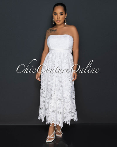 Castie Off White Crochet Ruffle Hem Strapless Maxi Dress