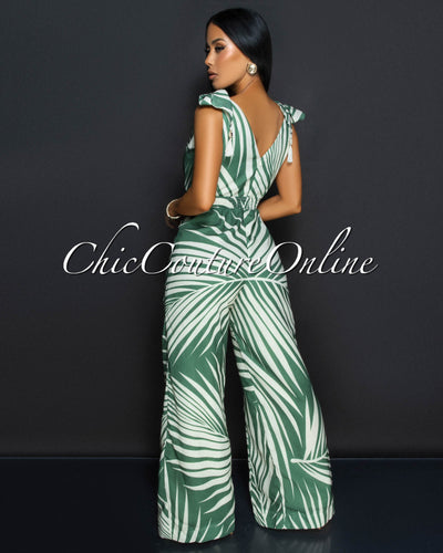 Sitti Green Beige V Neck Wide Legs Jumpsuit