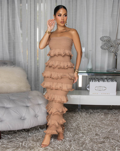Kathryn Mocha Ruffle Knit Maxi Dress
