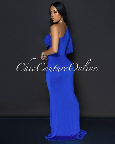 Balencia Royal-Blue Single Sleeve Knot Front Maxi Dress