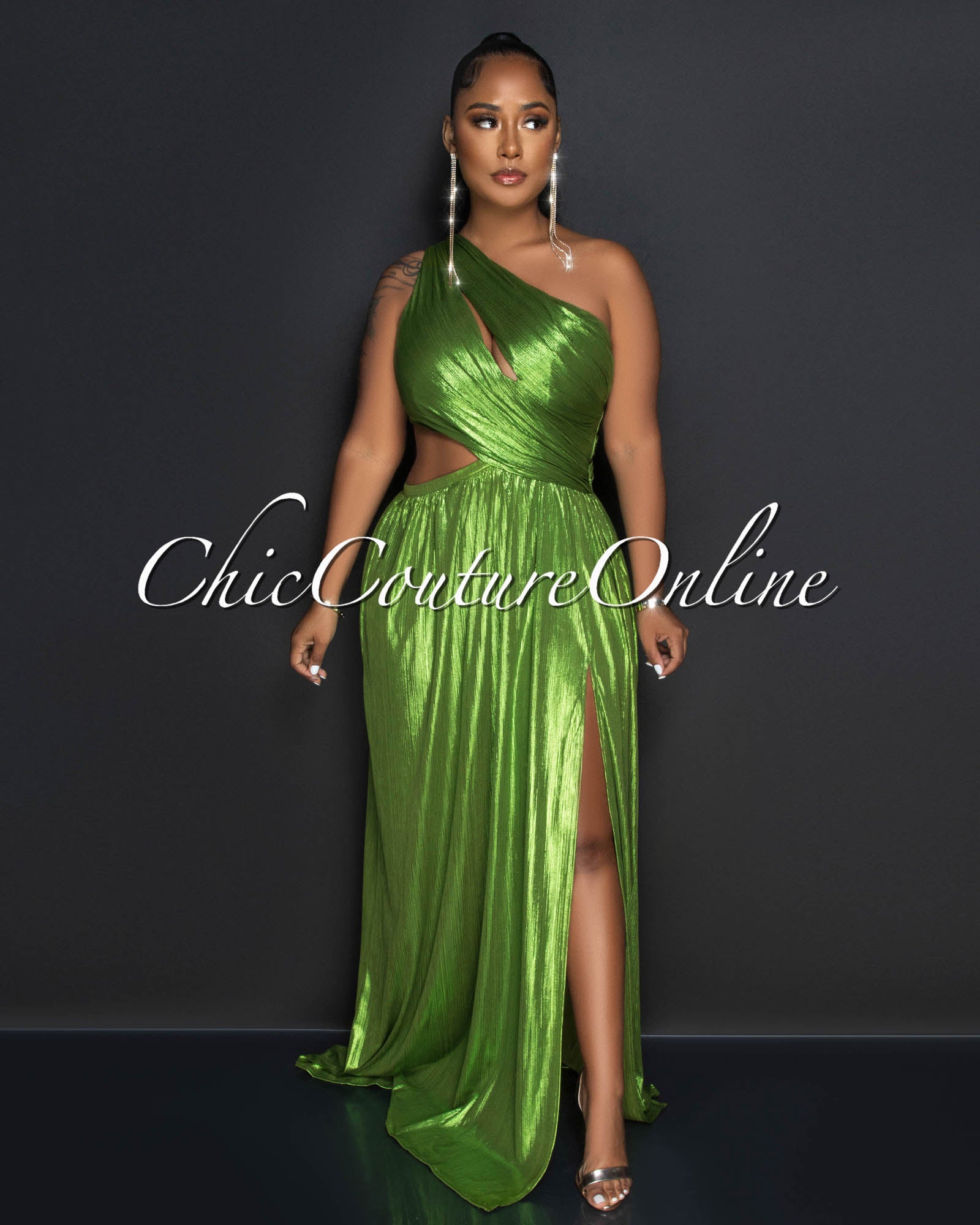 Danuta Moss Green Cut-Out Waist Draped Shimmer Maxi Dress