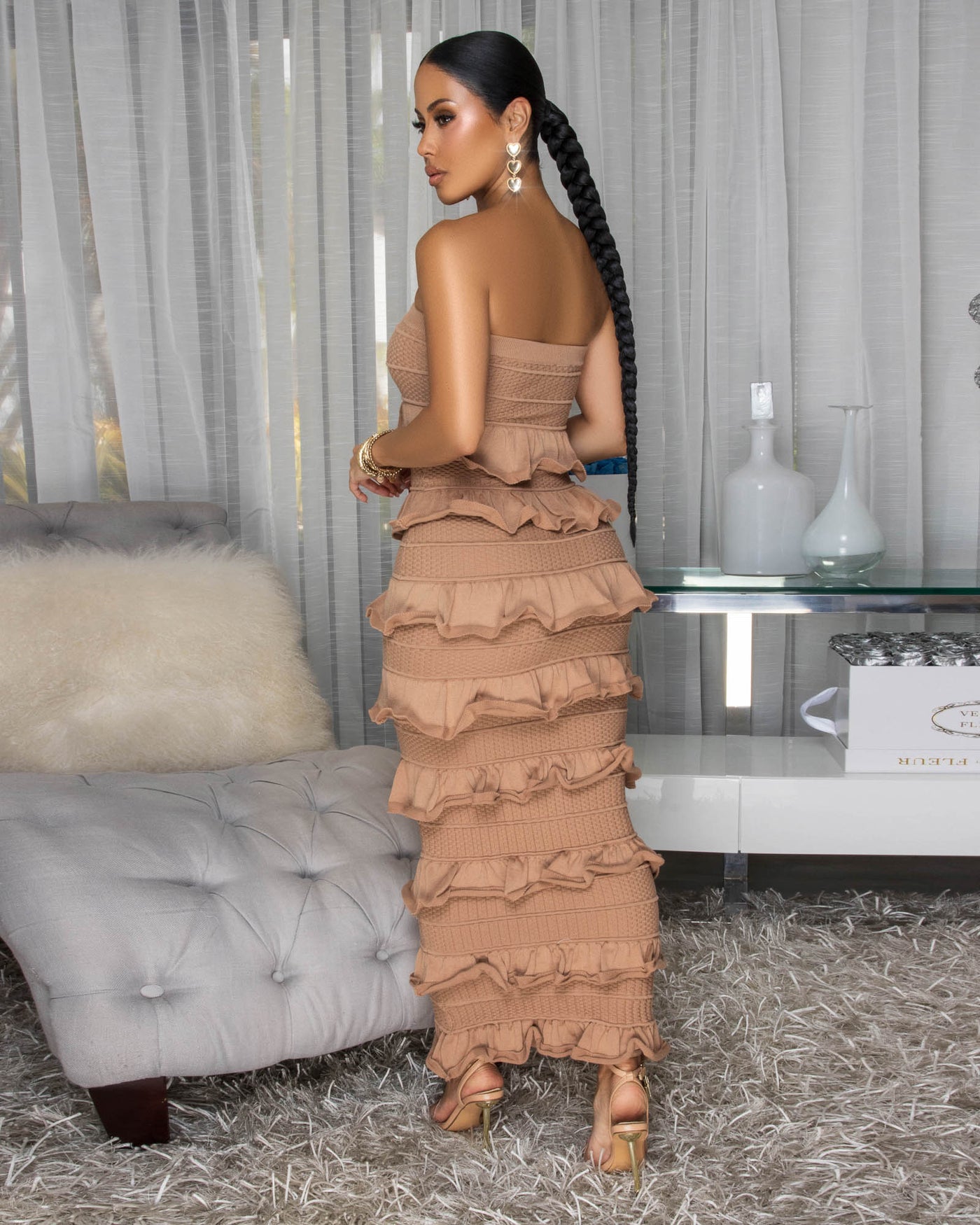 Kathryn Mocha Ruffle Knit Maxi Dress