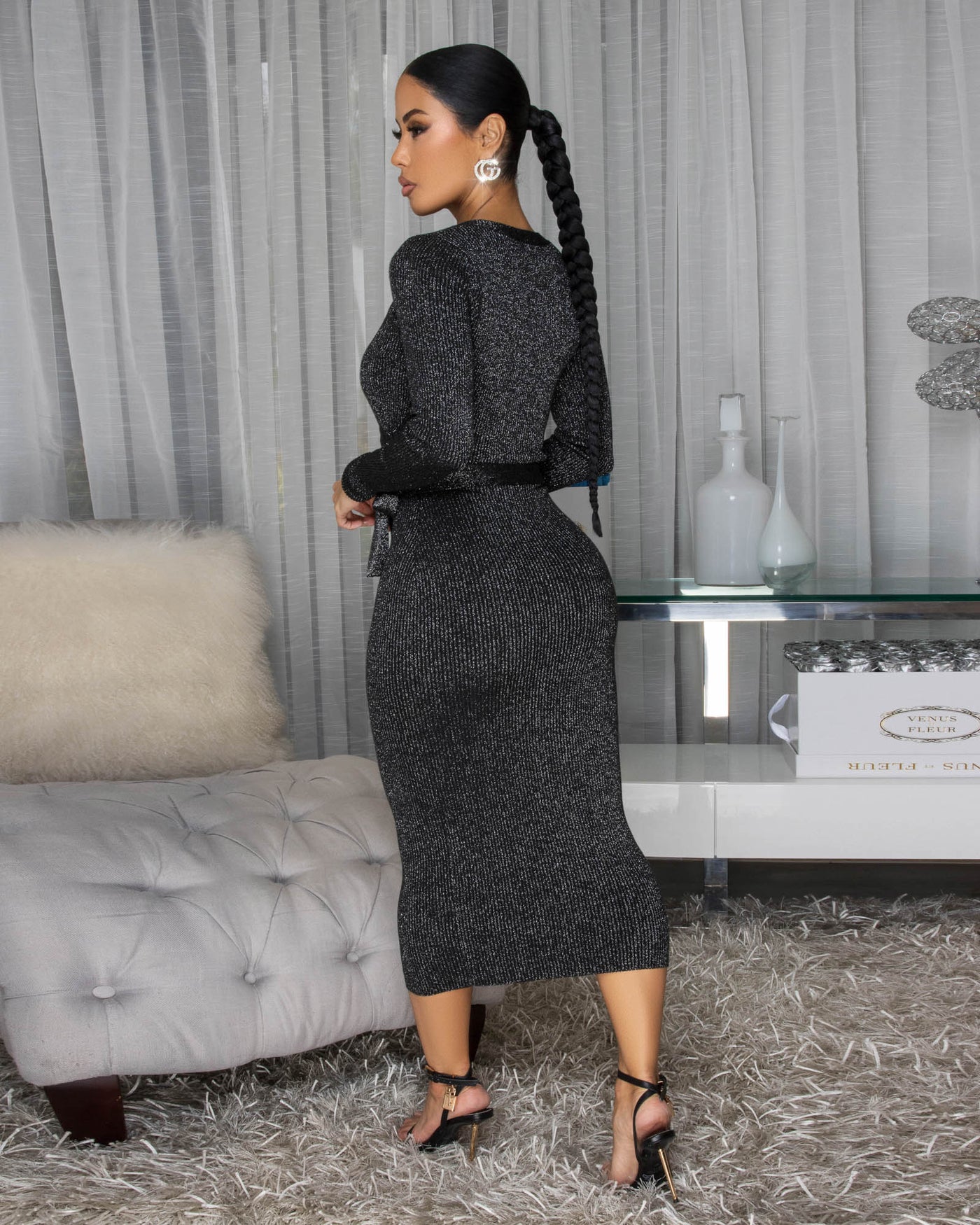 Sheba Black Silver Shimmer Midi Dress
