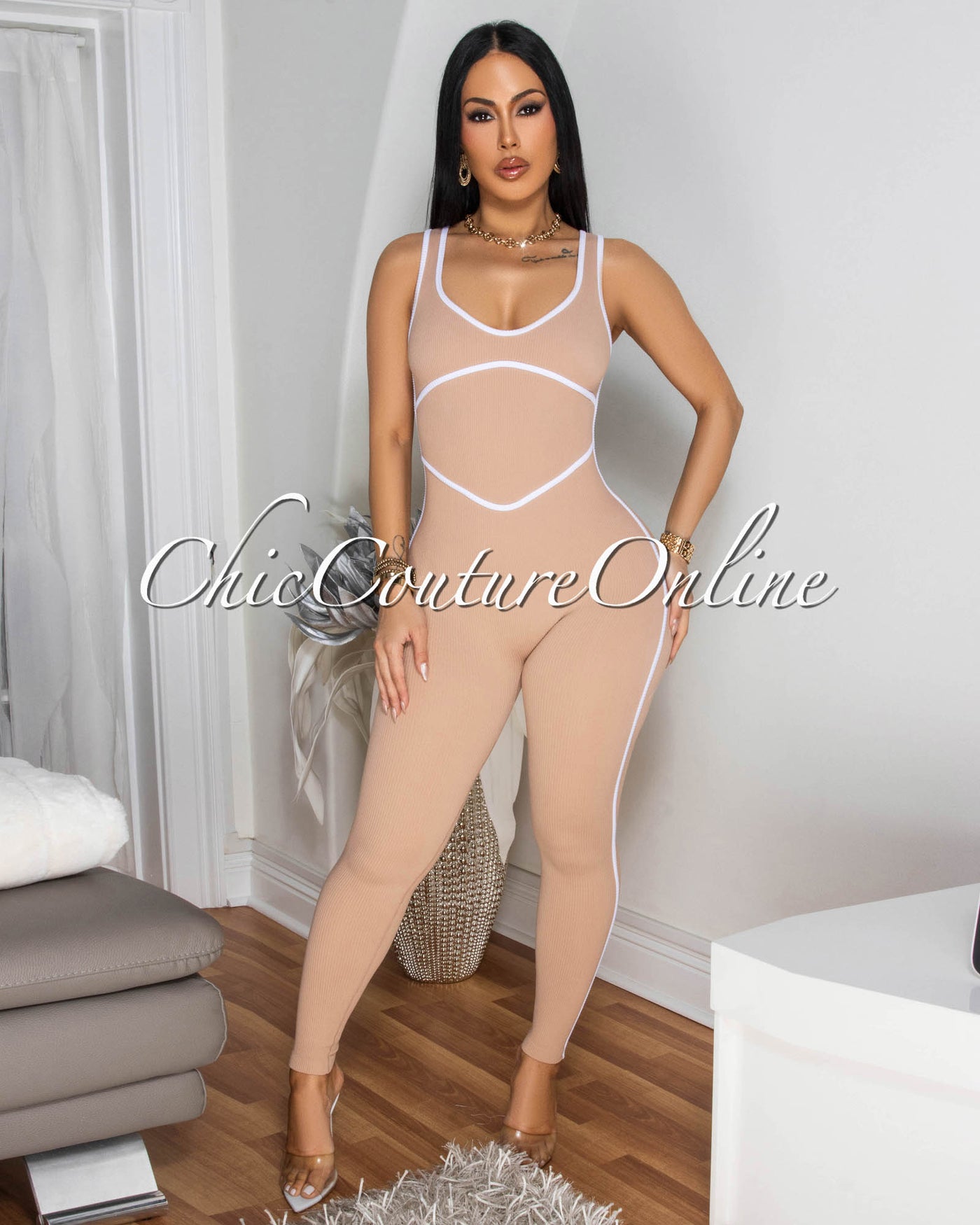 Sunnia Nude White Trim Ribbed BodyCon Jumpsuit