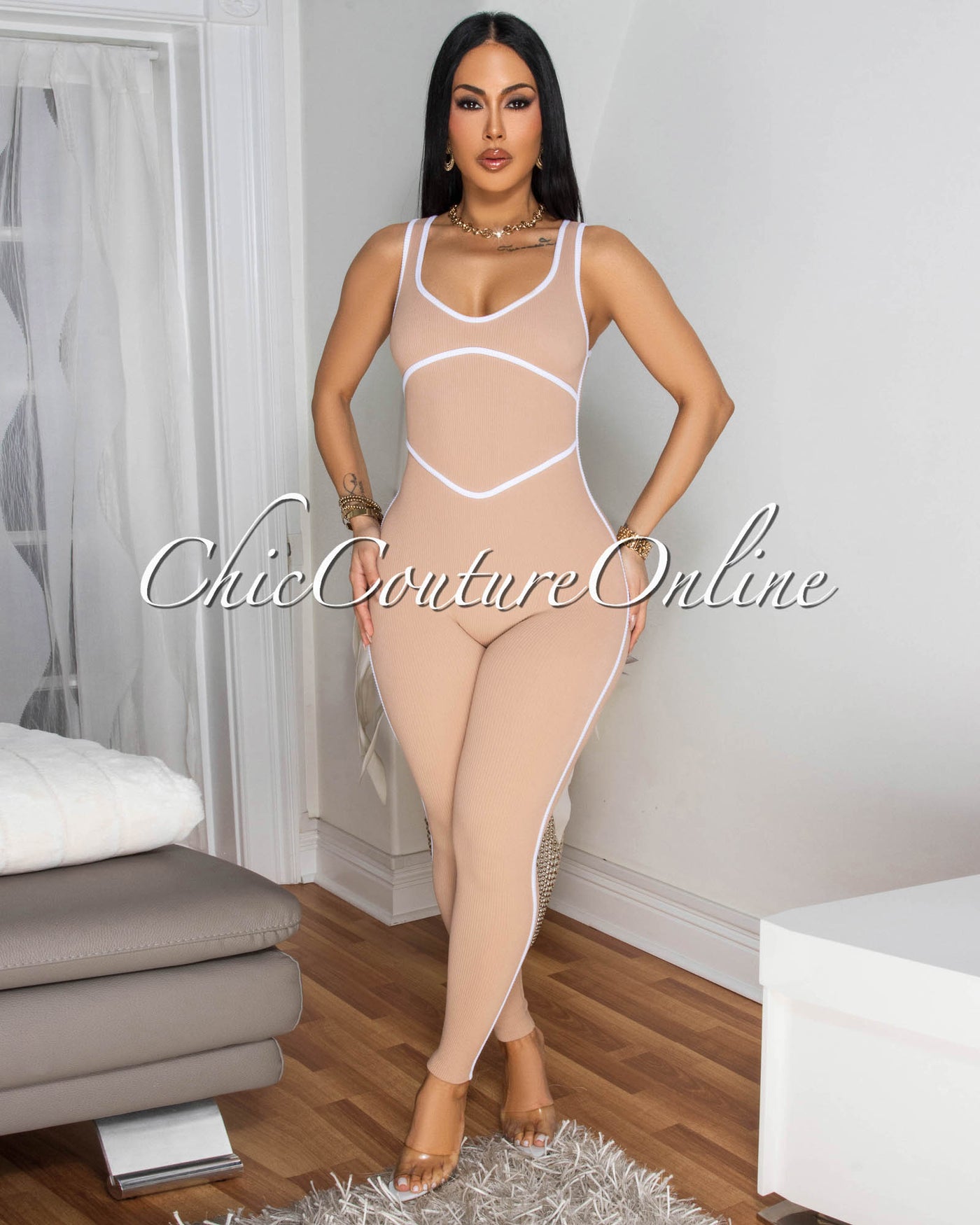 Sunnia Nude White Trim Ribbed BodyCon Jumpsuit