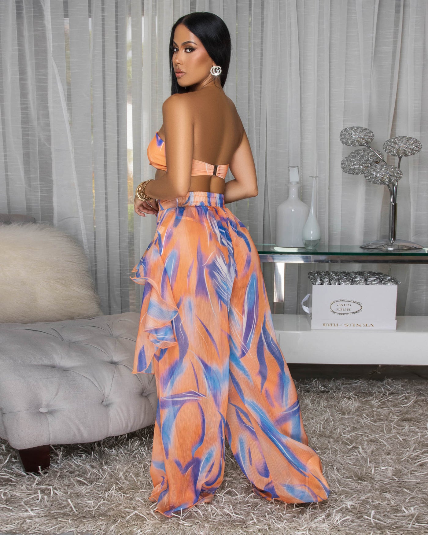 Melvina Tangerine Blue Multi-Color Mesh 3 Piece Swimsuit Set