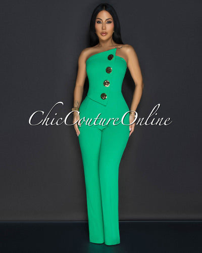 Amiri Kelly Green Gold Accent Button Strapless Jumpsuit