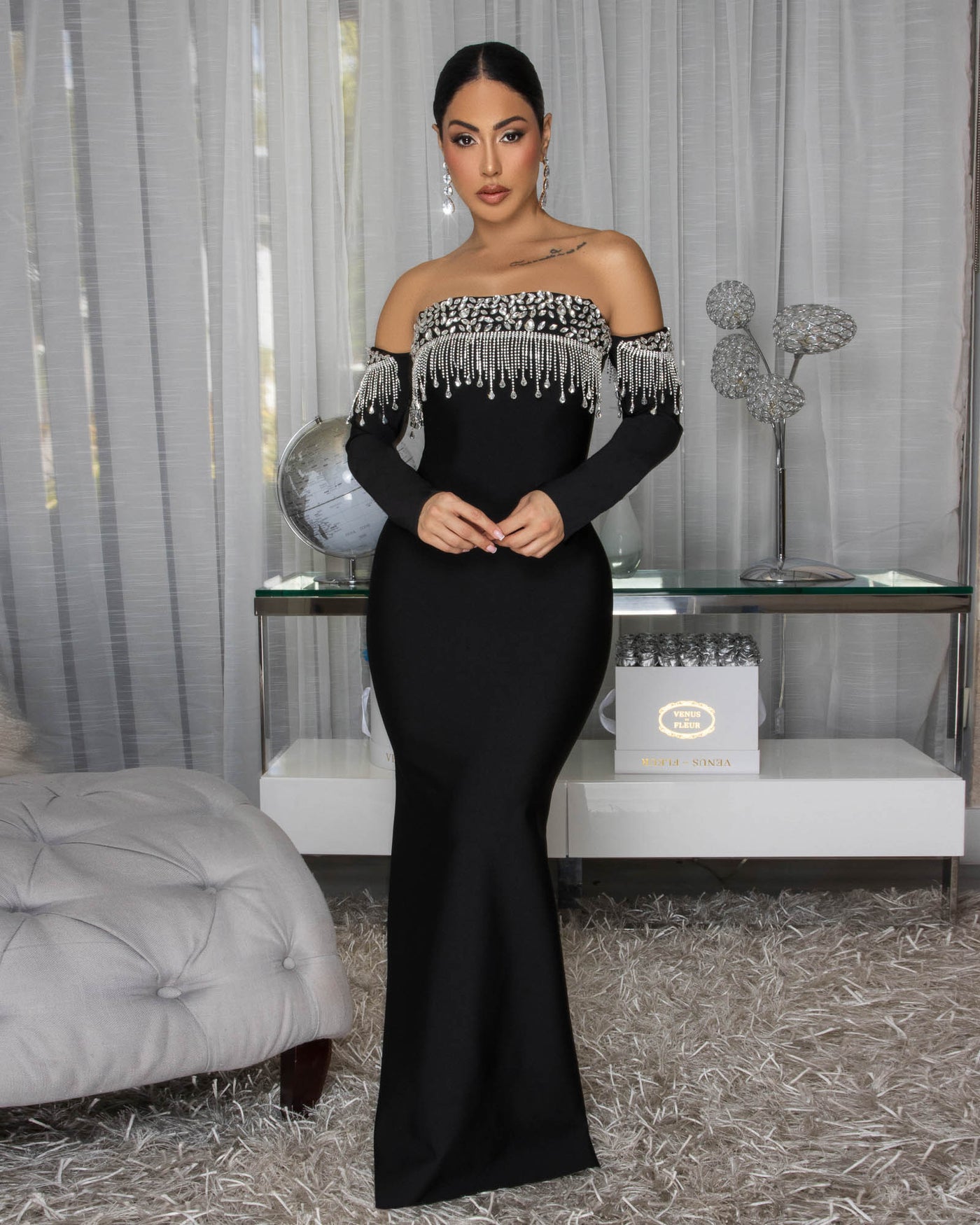 Mishka Black Rhinestone Decor Maxi Bandage Dress