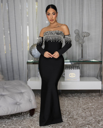 Mishka Black Rhinestone Decor Maxi Bandage Dress