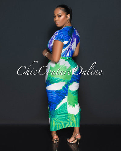 Kai Blue Purple Print Deep V Neck Draped Maxi Dress