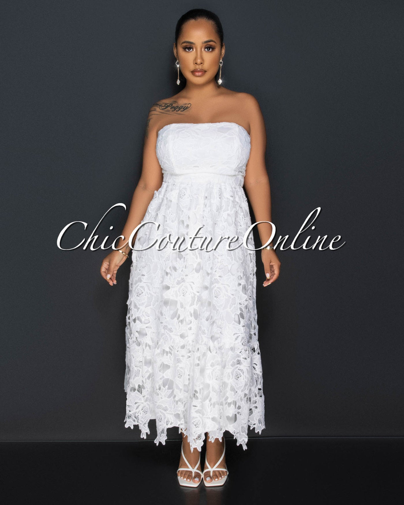 Castie Off White Crochet Ruffle Hem Strapless Maxi Dress