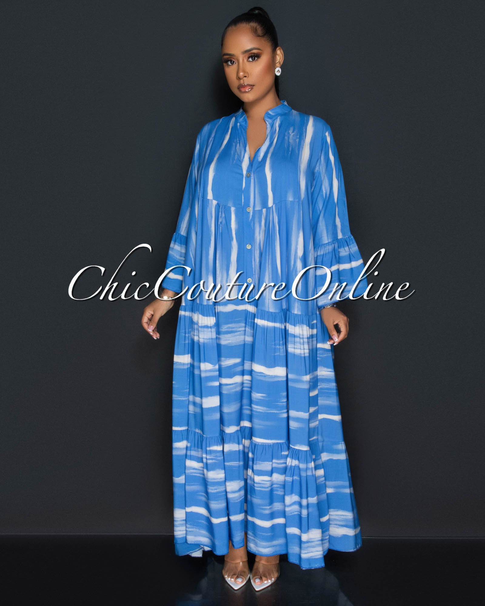*Johar Blue Ivory Print Ruffle Hem Maxi Dress