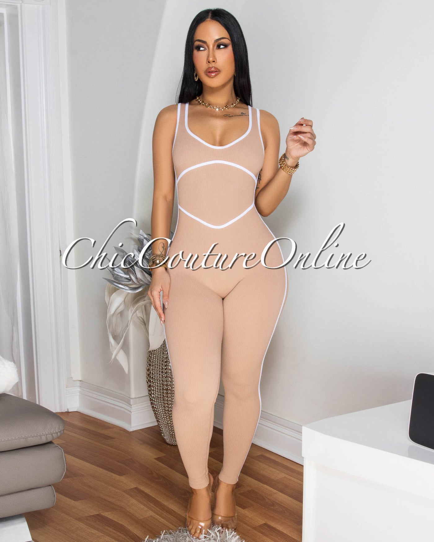 Sunnia Nude White Trim Ribbed BodyCon Jumpsuit