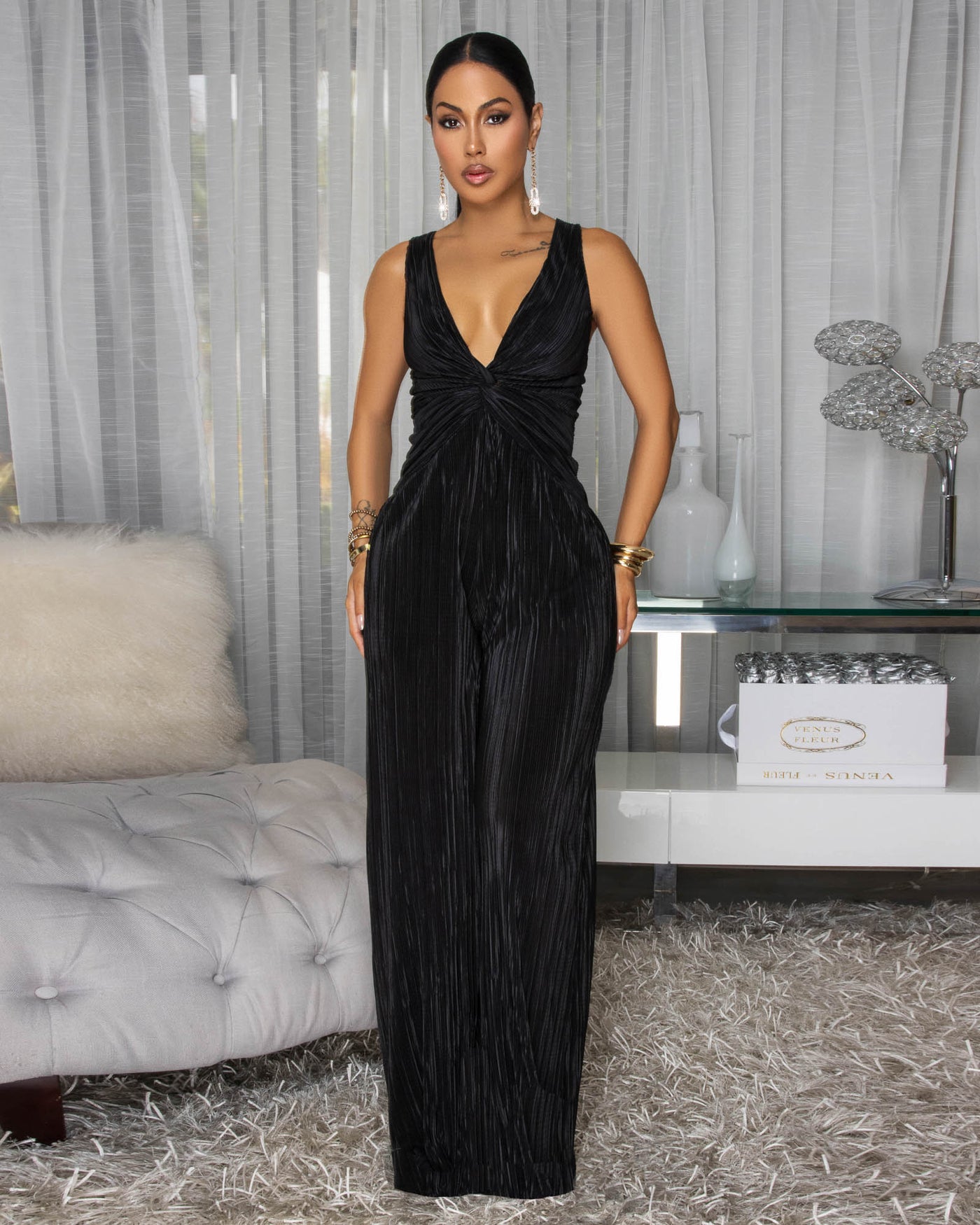 Orlena Black Knot Front Textured Jumpsuit