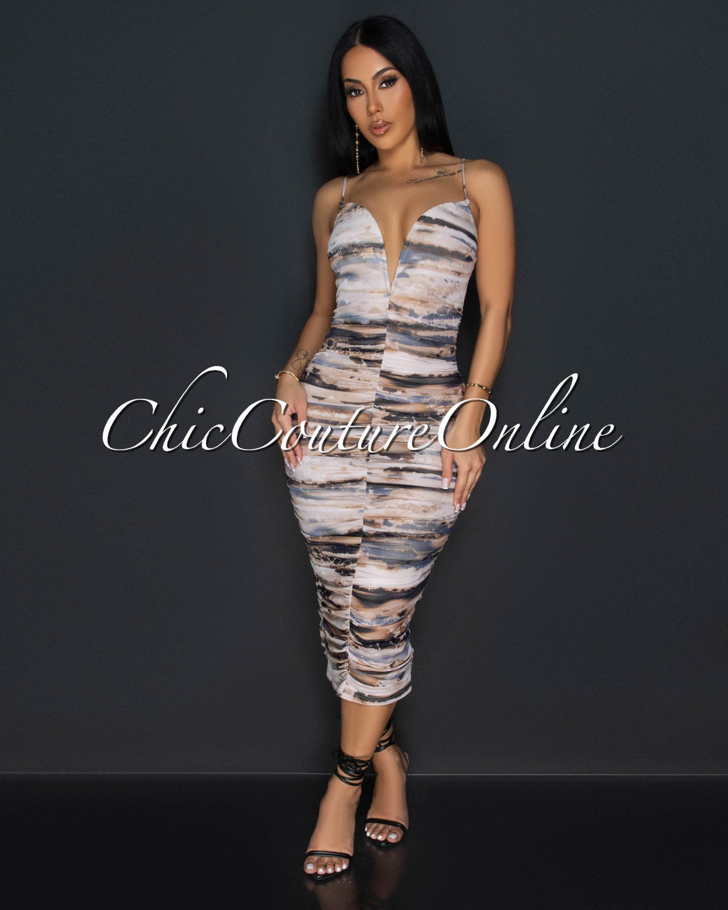 Dawn Beige Black V Neck Mesh Ruched Midi Dress