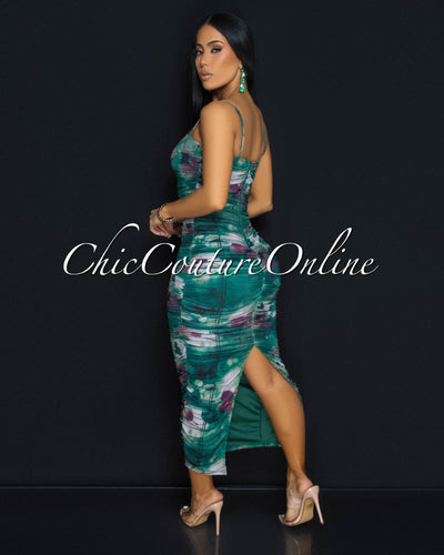 Skylar Green Multi-Color Print Ruched Midi Dress