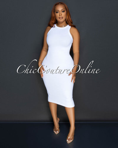 Liona White Sleeveless Ribbed Midi Dress