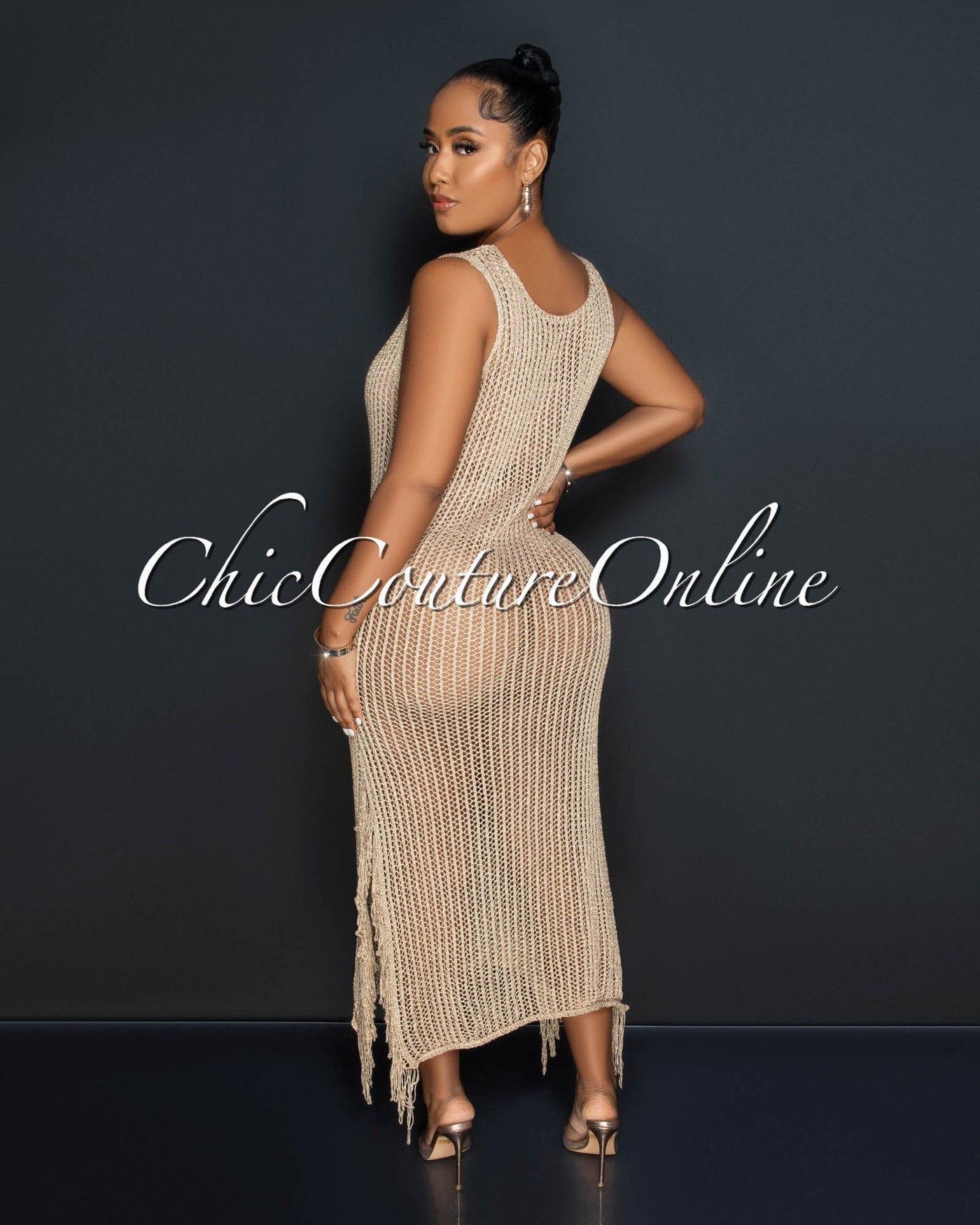 Lajos Gold Crochet Fringe Hem See-Through Maxi Dress