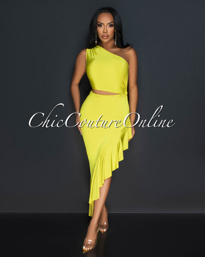 Nilia Lime Cut-Out Hi-Lo Ruffle Hem Maxi Dress