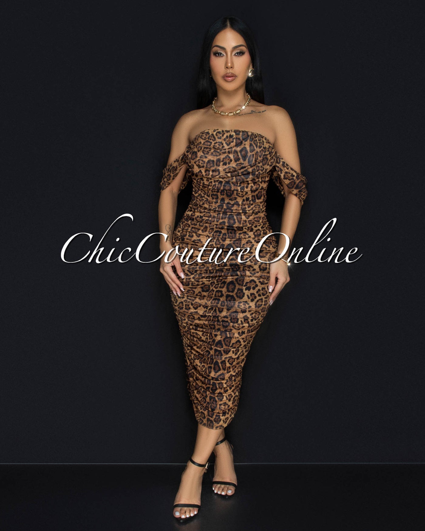 Altman Leopard Print Mesh Overlay Ruched Off-The Shoulder Dress