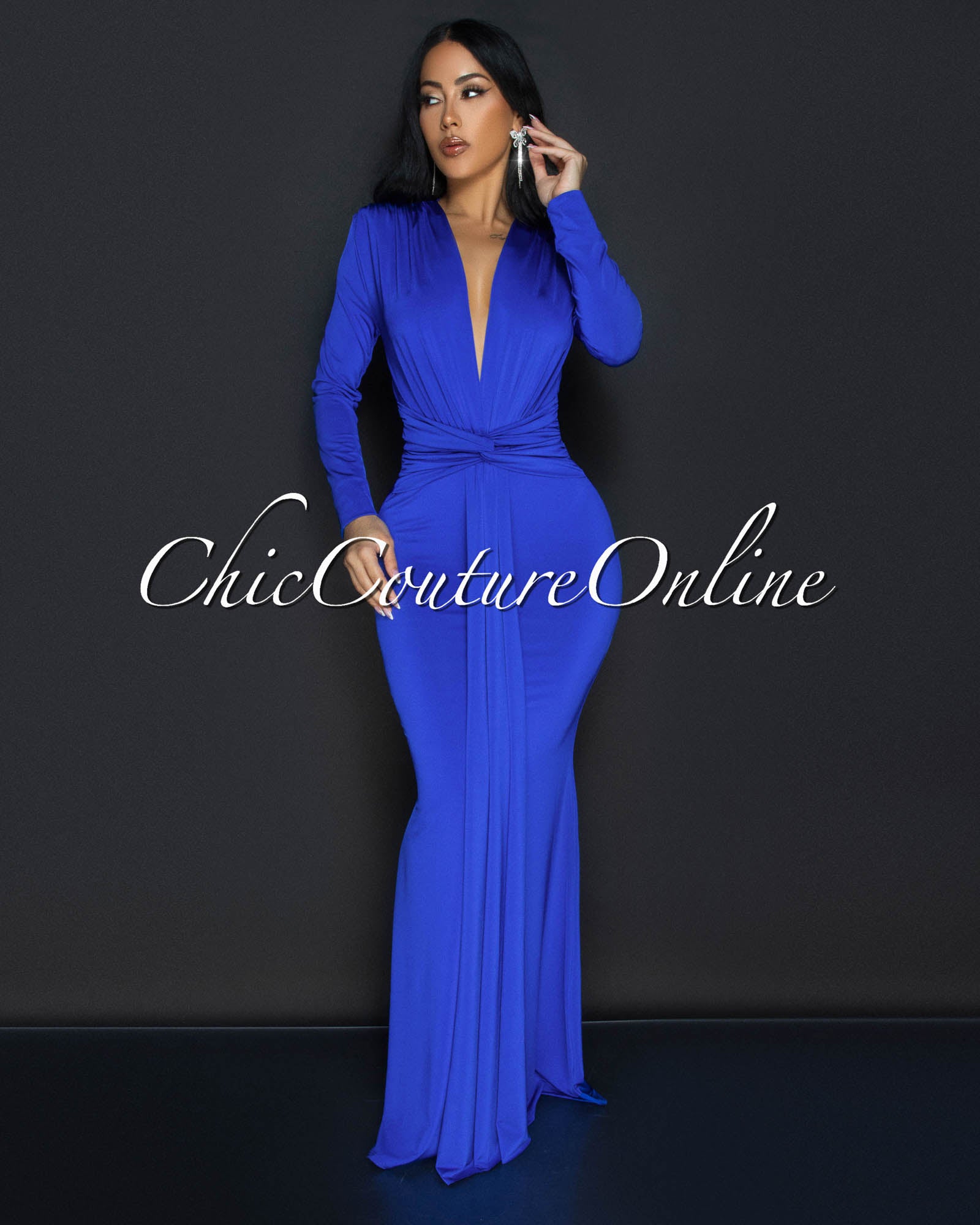 Cordelia Royal-Blue Long Sleeves Deep V-Neck Maxi Dress – Chic Couture ...