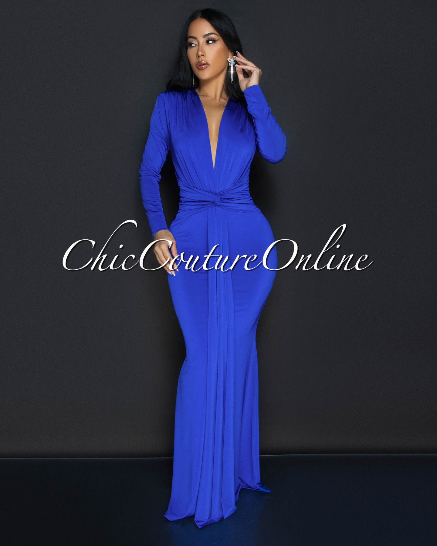 Cordelia Royal-Blue Long Sleeves Deep V-Neck Maxi Dress