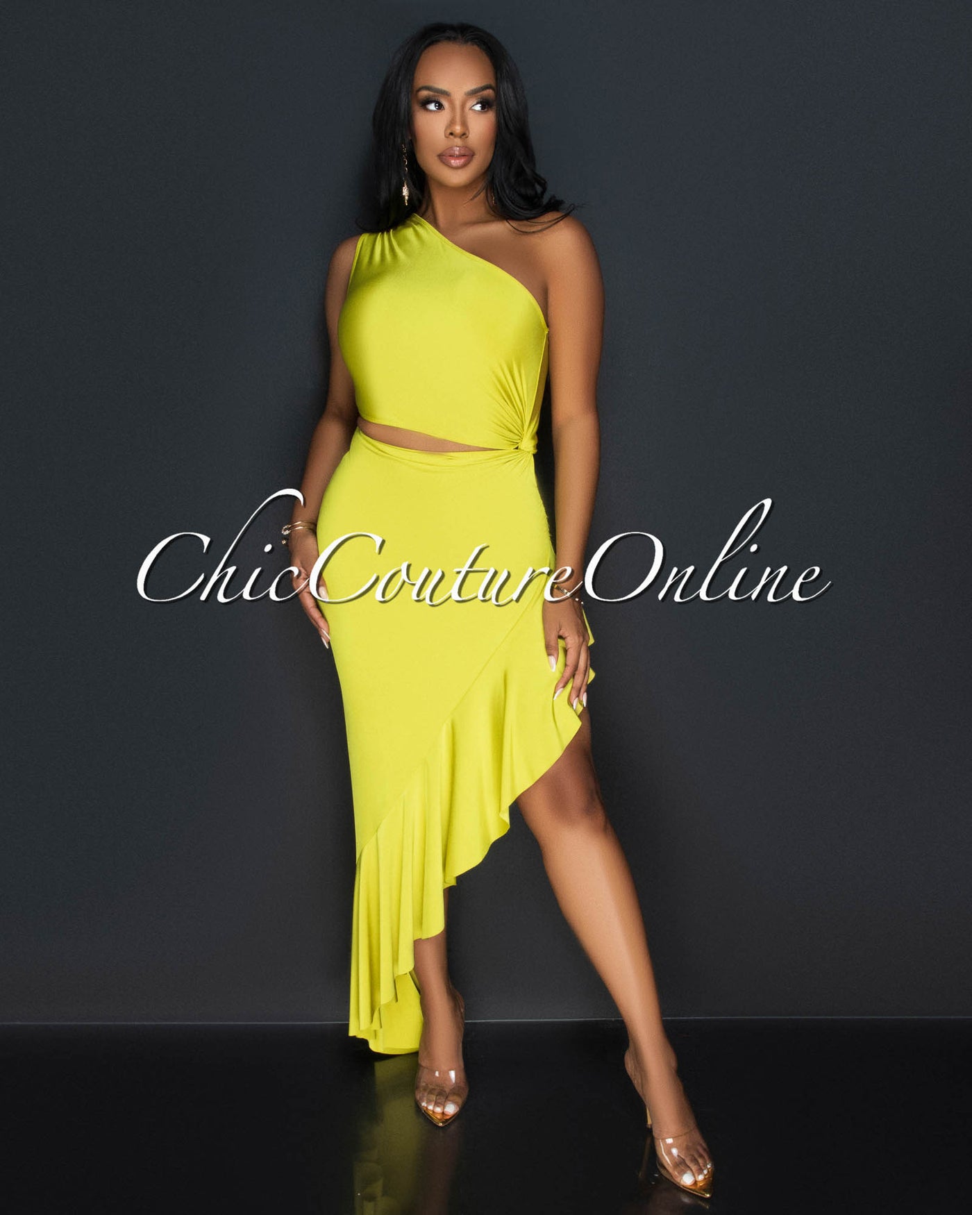 Nilia Lime Cut-Out Hi-Lo Ruffle Hem Maxi Dress