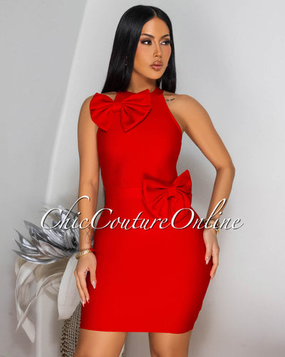 Vellene Red Bow Accents Bandage Dress