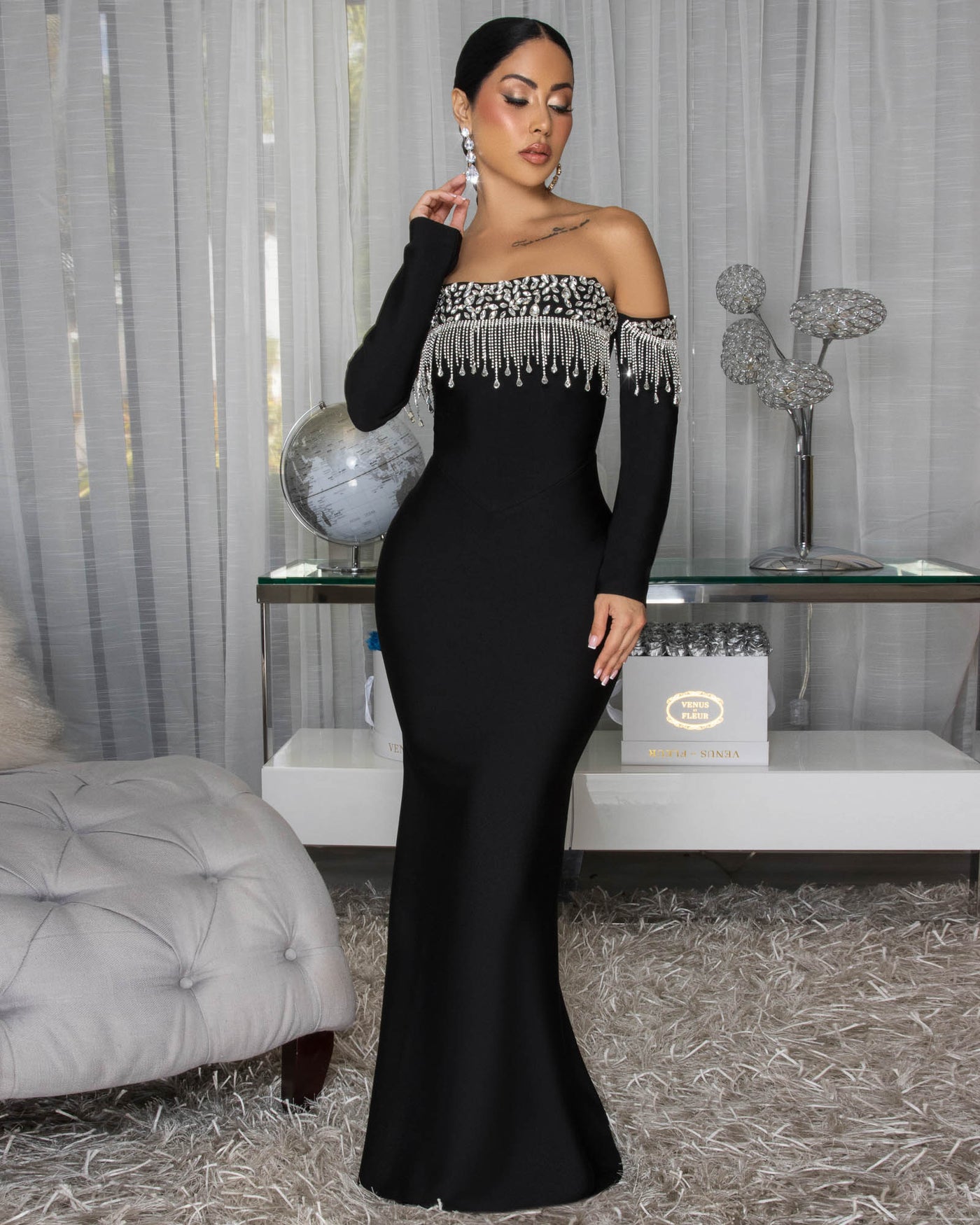 Mishka Black Rhinestone Decor Maxi Bandage Dress