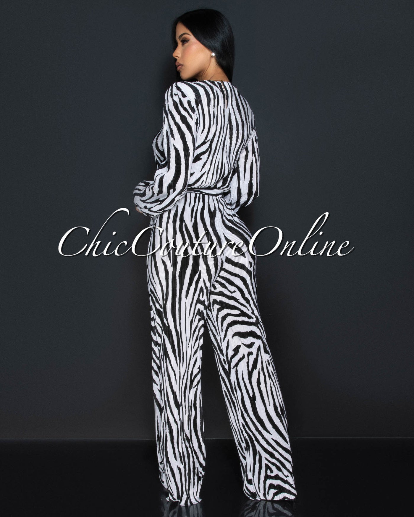 Jalia Black White Zebra Print Deep V-Neck Jumpsuit