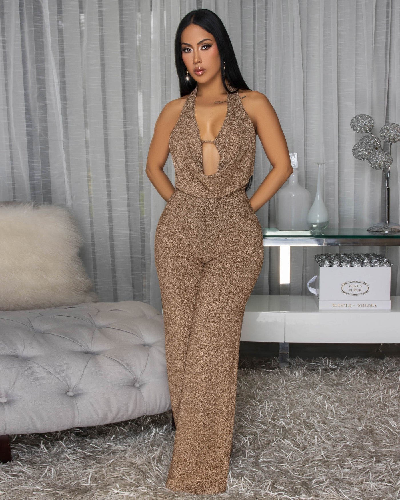Lena Gold Shimmer Backless Jumpsuit