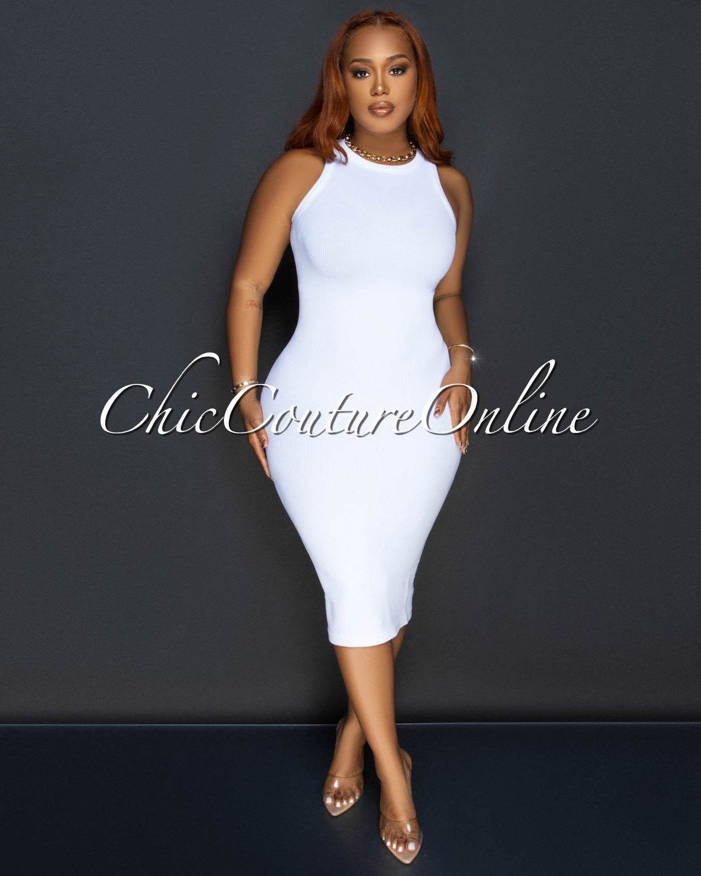 Liona White Sleeveless Ribbed Midi Dress