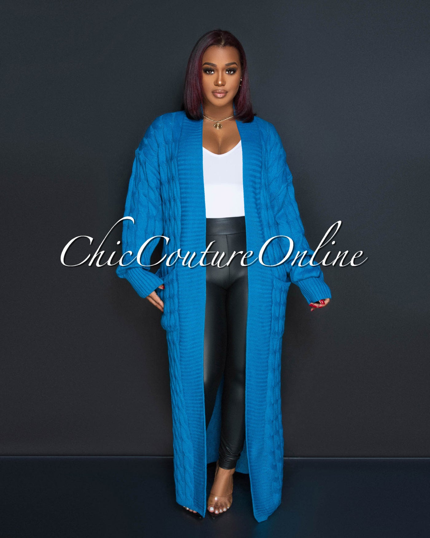 Justina Turquoise Cable Knit Long Cardigan