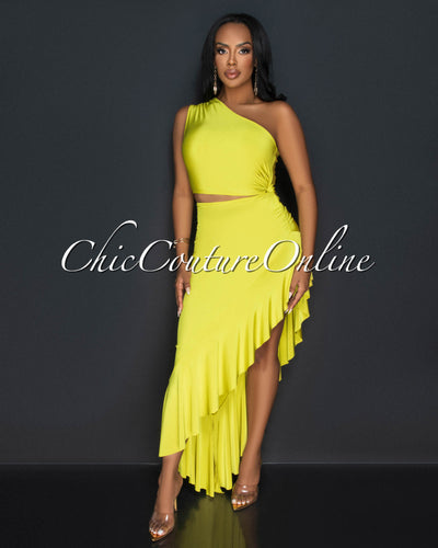 Nilia Lime Cut-Out Hi-Lo Ruffle Hem Maxi Dress