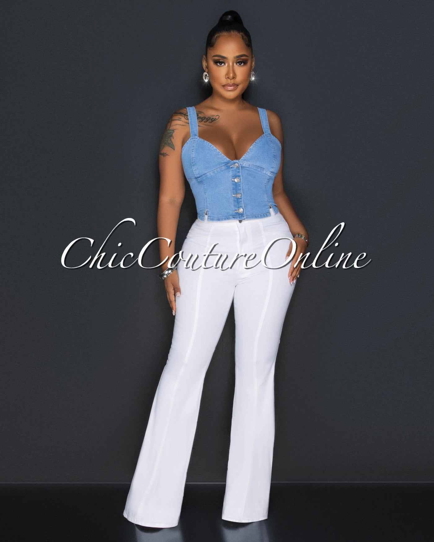 Alona Light Denim Buttons Crop Bustier