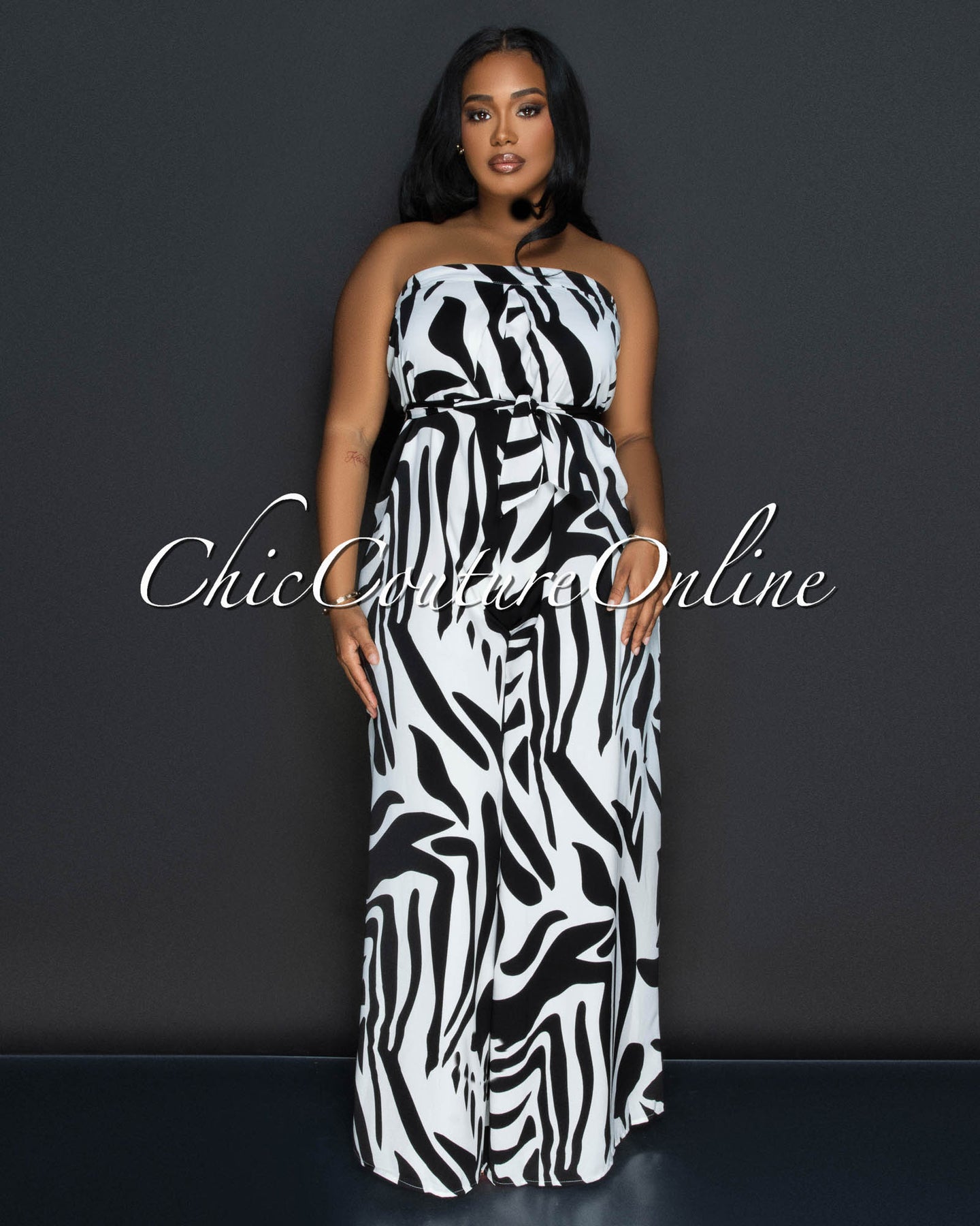 *Kona Black White Strapless Wide Legs Jumpsuit